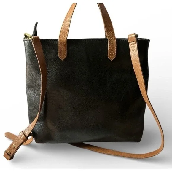 Madewell Black Tan Leather Zip Top Transit Tote Crossbody Top Handle Bag - Picture 2 of 10